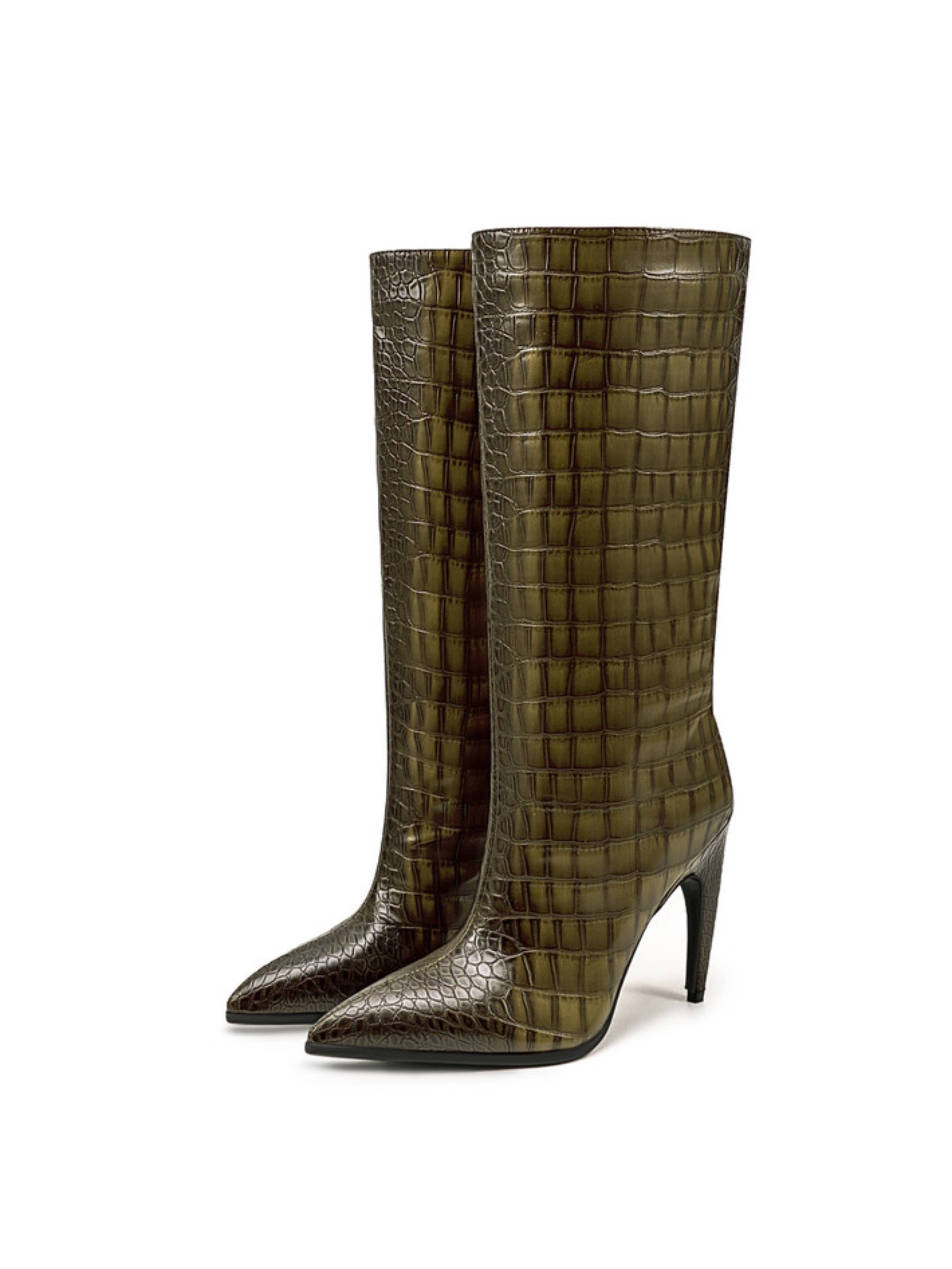 Olive Green Croc-Embossed Stiletto Mid-Calf Boots for Women