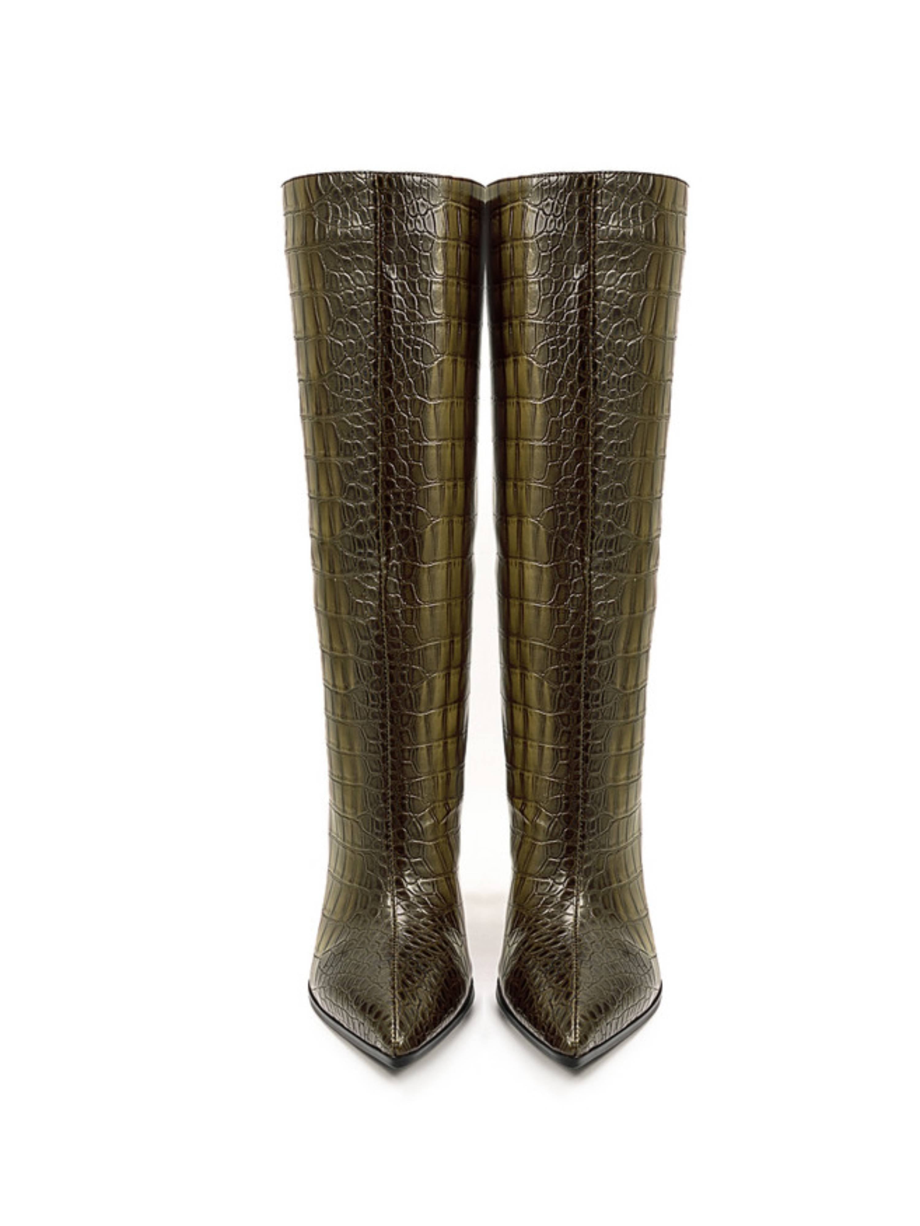 Olive Green Croc-Embossed Stiletto Mid-Calf Boots for Women