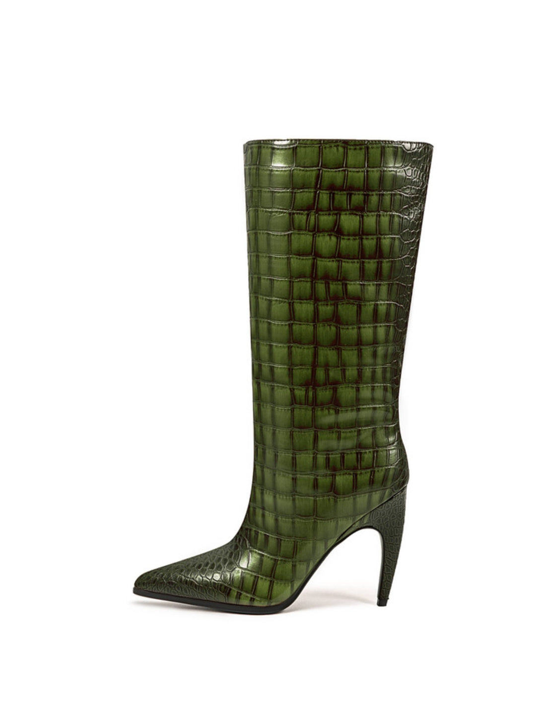 Emerald Green Edge Croc-Embossed Mid-Calf Boots for Women