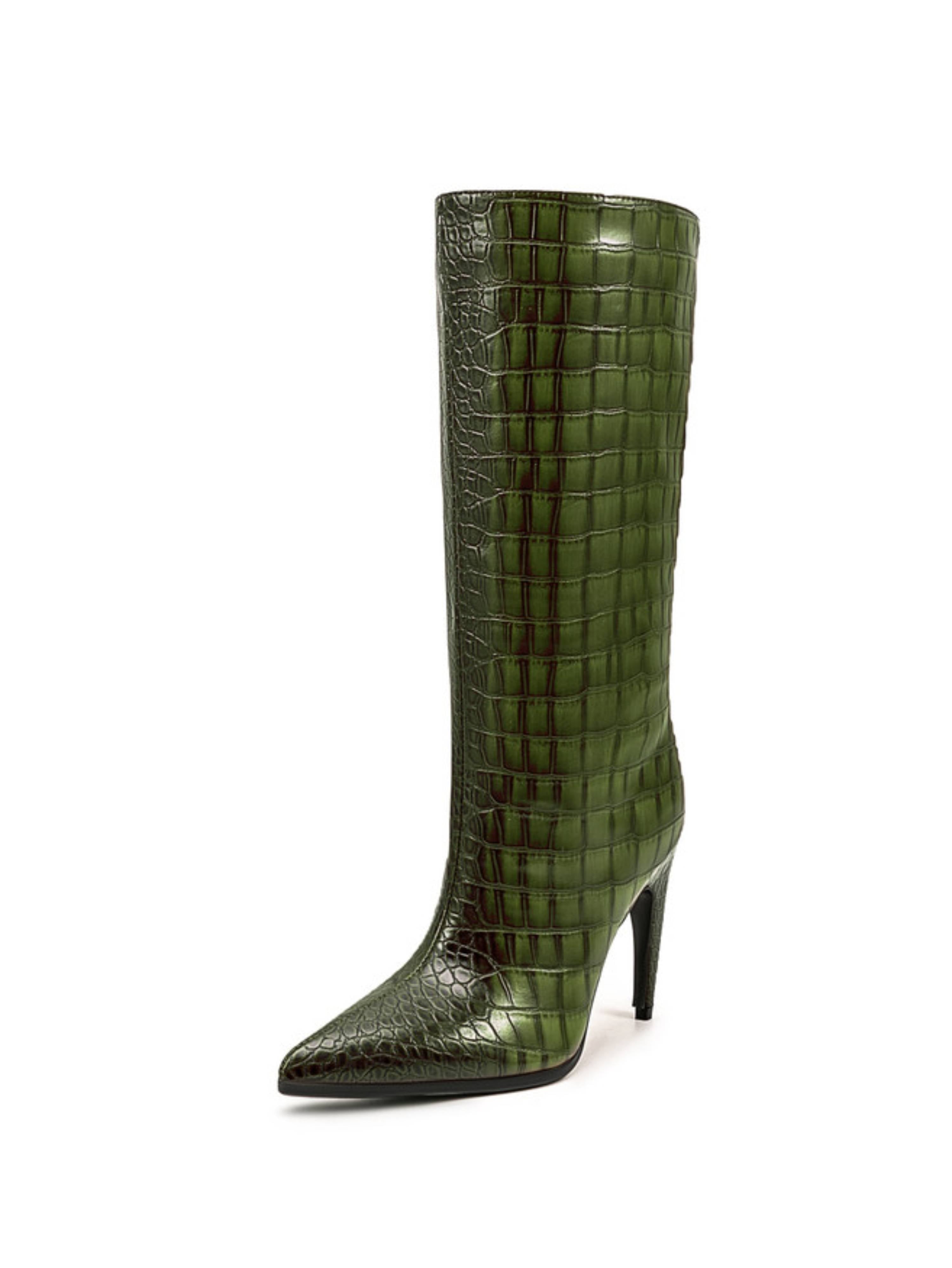 Emerald Green Edge Croc-Embossed Mid-Calf Boots for Women