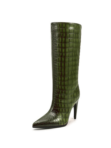 Emerald Green Edge Croc-Embossed Mid-Calf Boots for Women