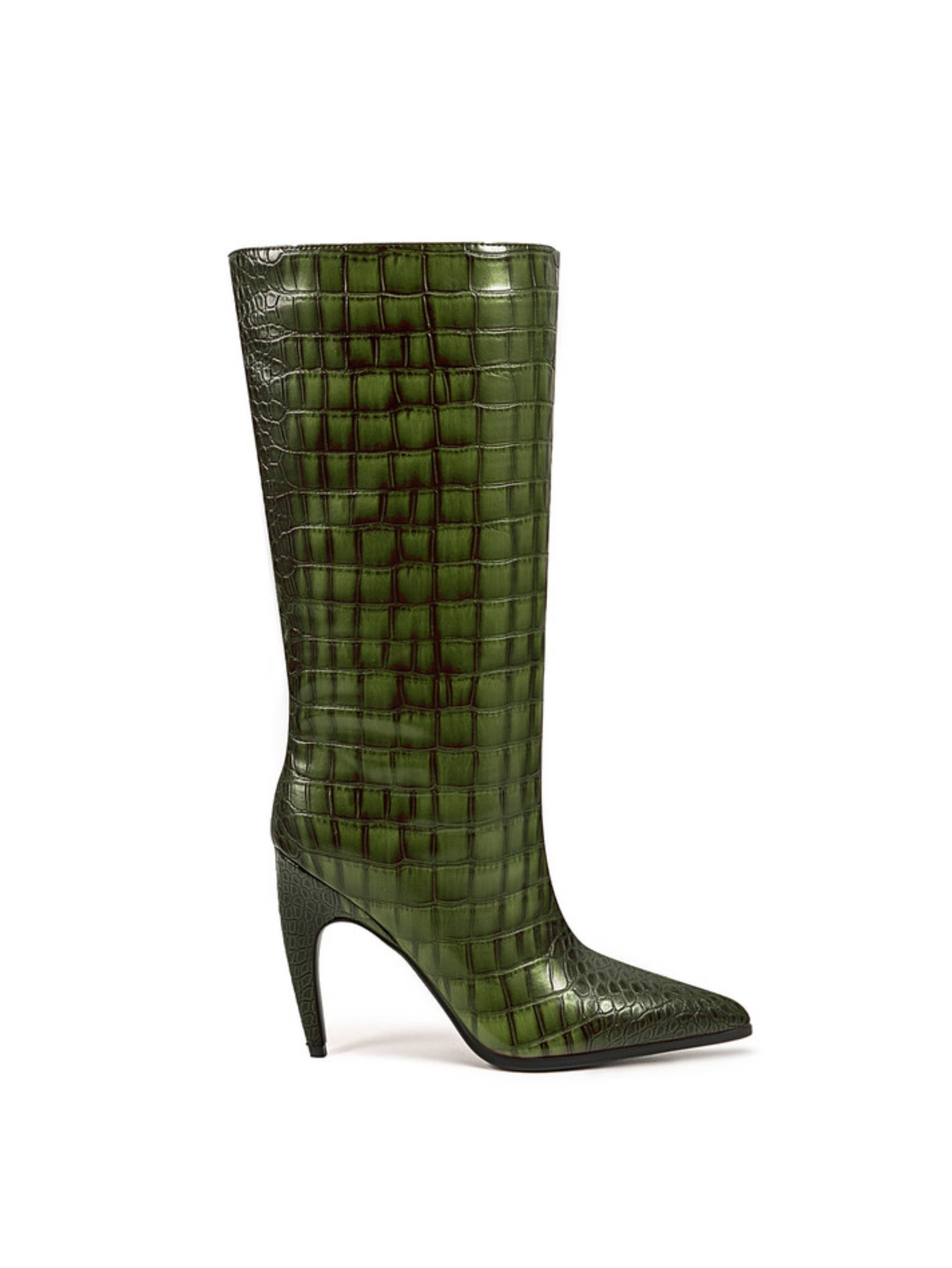 Emerald Green Edge Croc-Embossed Mid-Calf Boots for Women