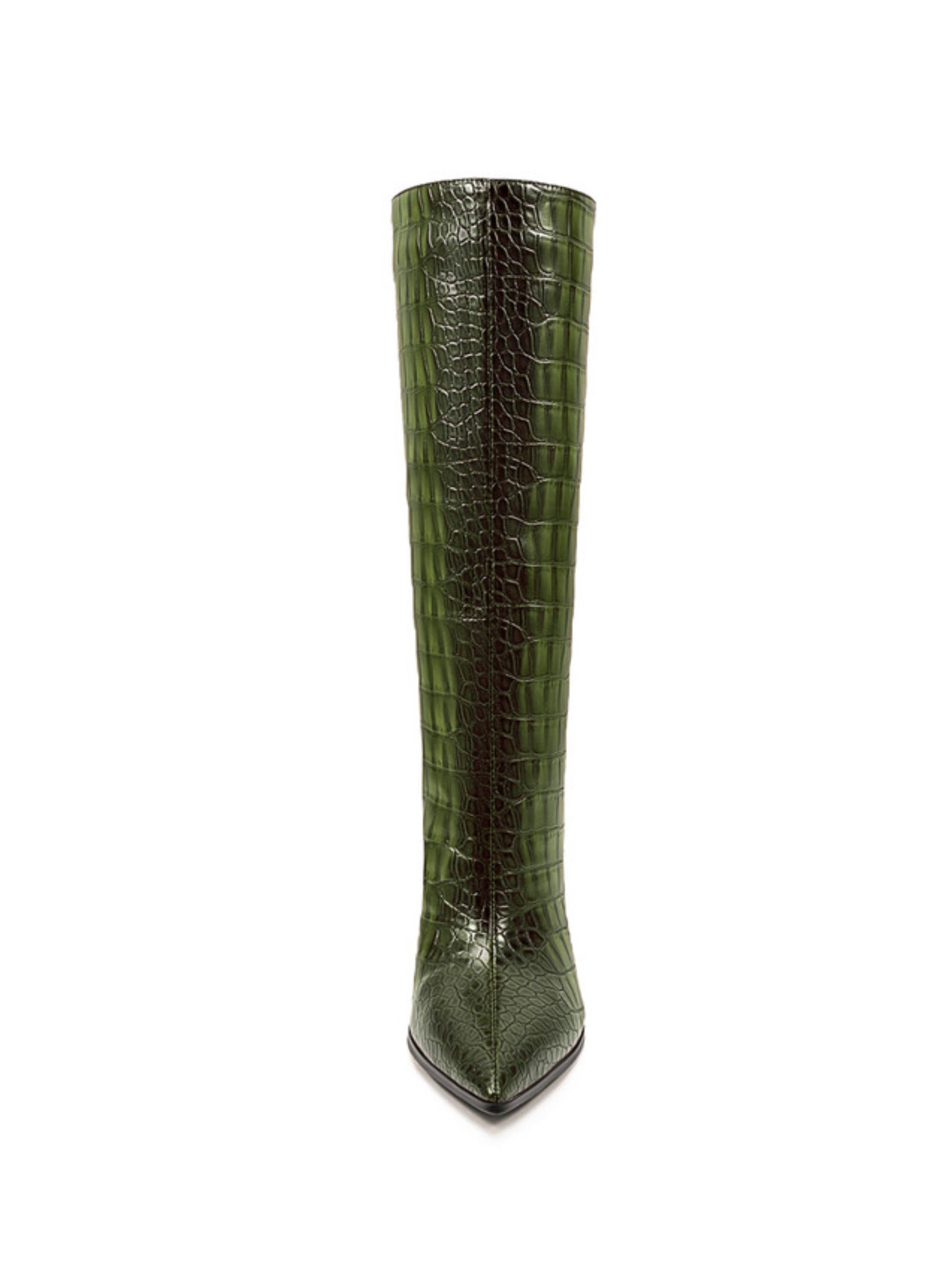 Emerald Green Edge Croc-Embossed Mid-Calf Boots for Women
