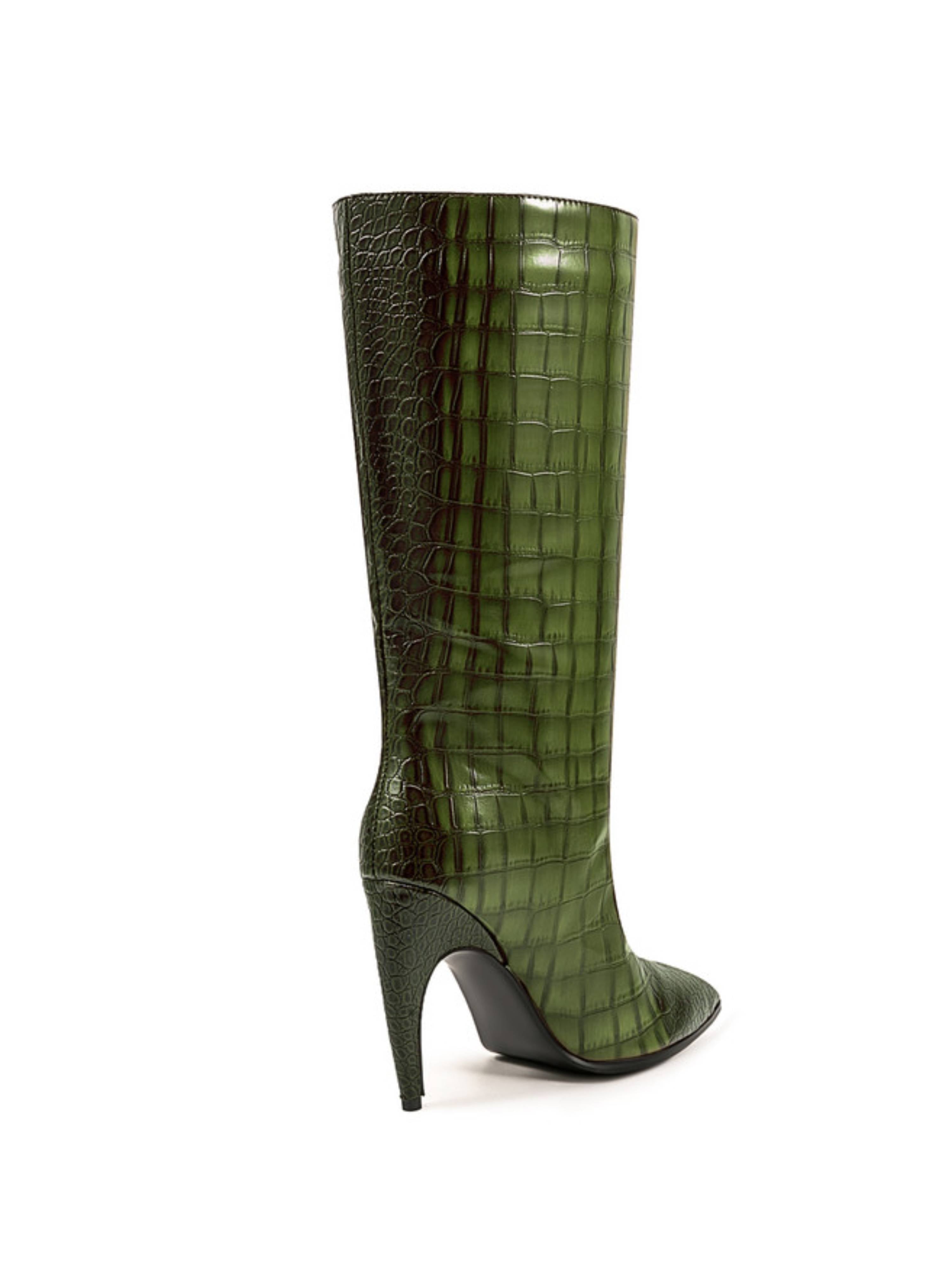 Emerald Green Edge Croc-Embossed Mid-Calf Boots for Women