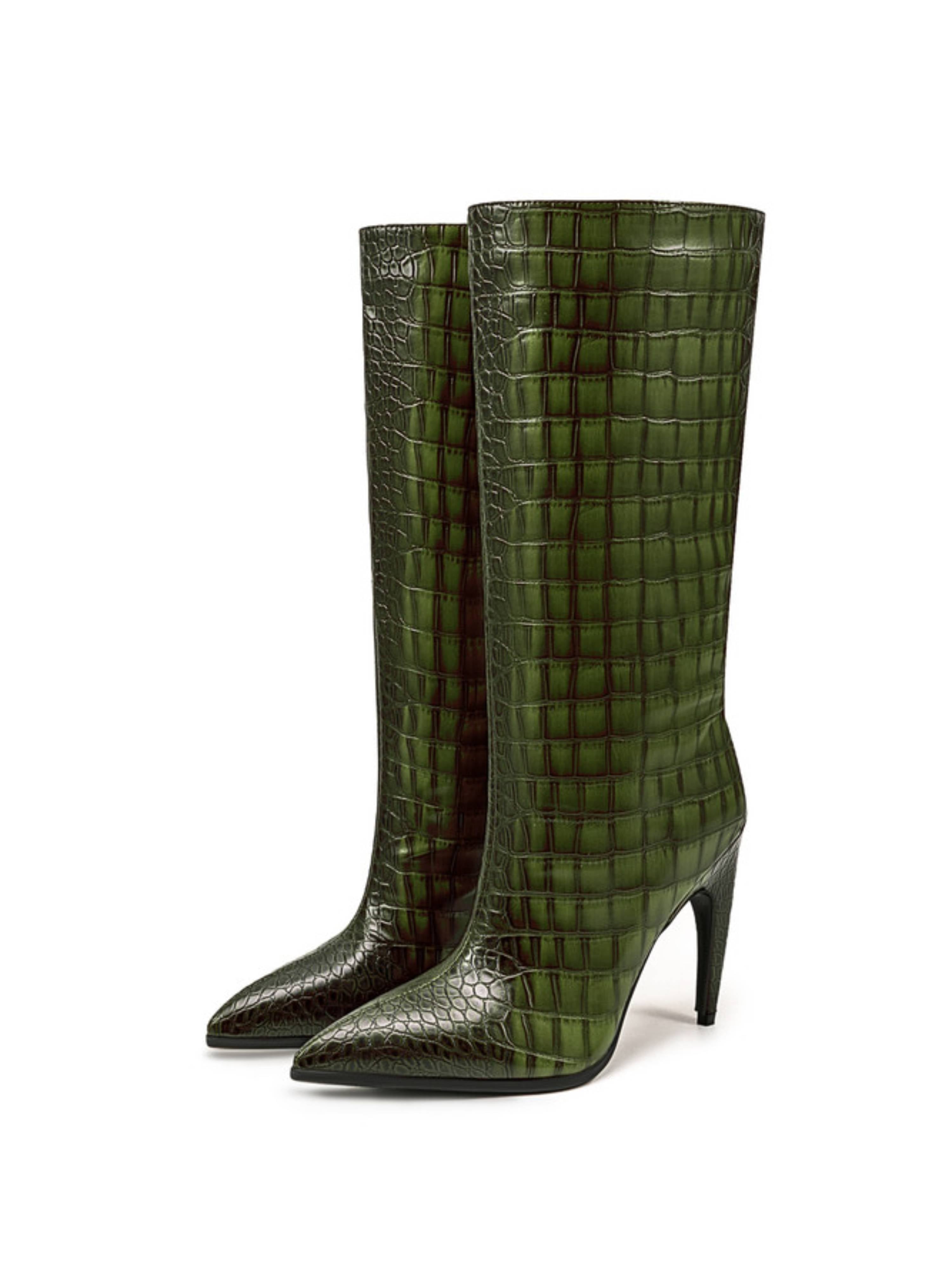 Emerald Green Edge Croc-Embossed Mid-Calf Boots for Women