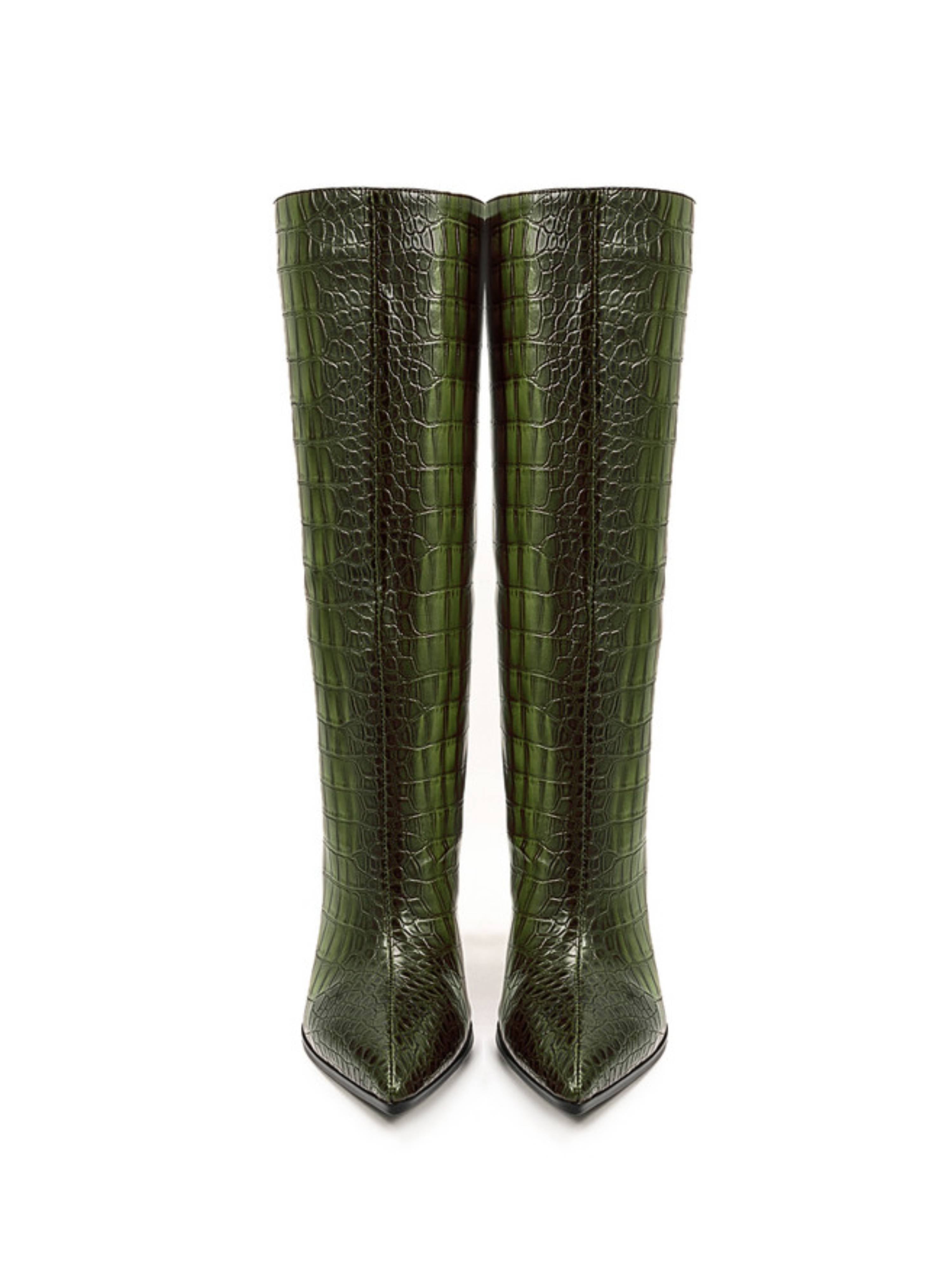 Emerald Green Edge Croc-Embossed Mid-Calf Boots for Women