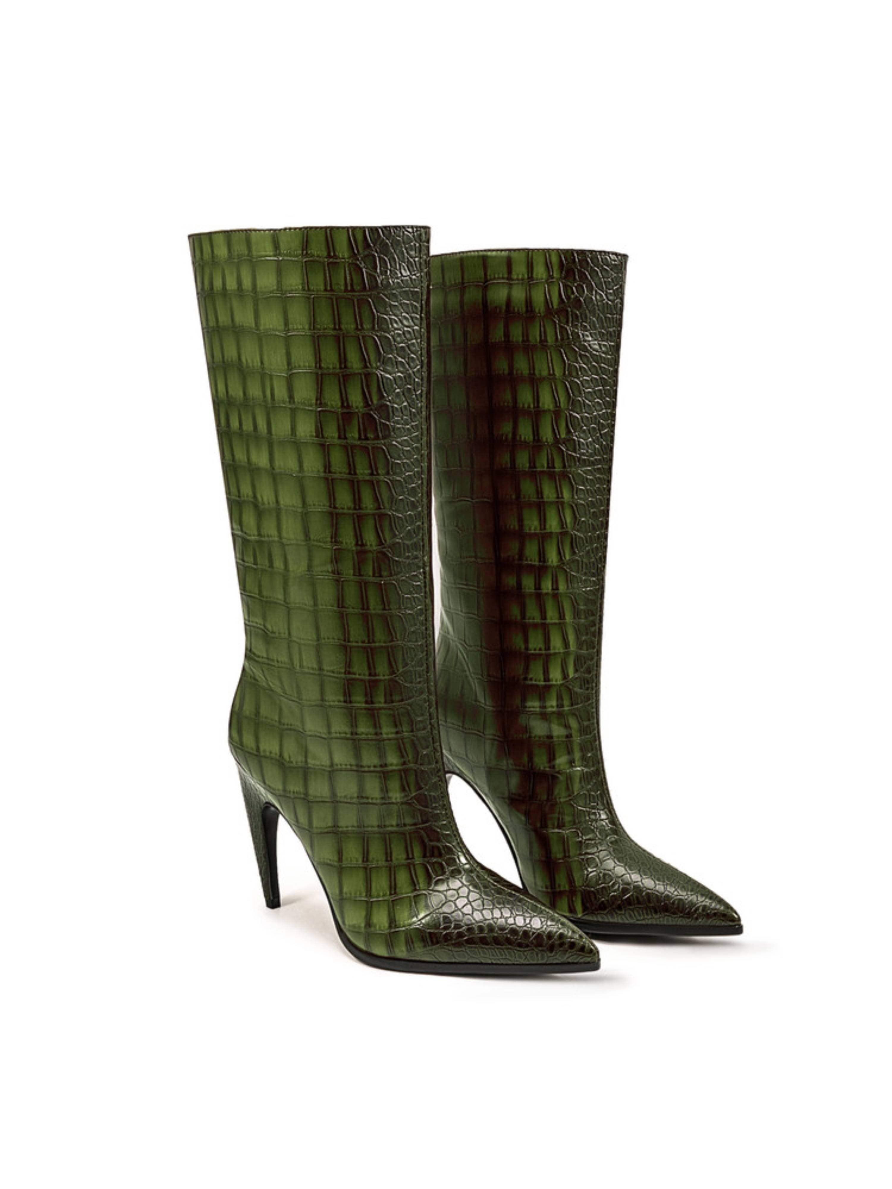 Emerald Green Edge Croc-Embossed Mid-Calf Boots for Women