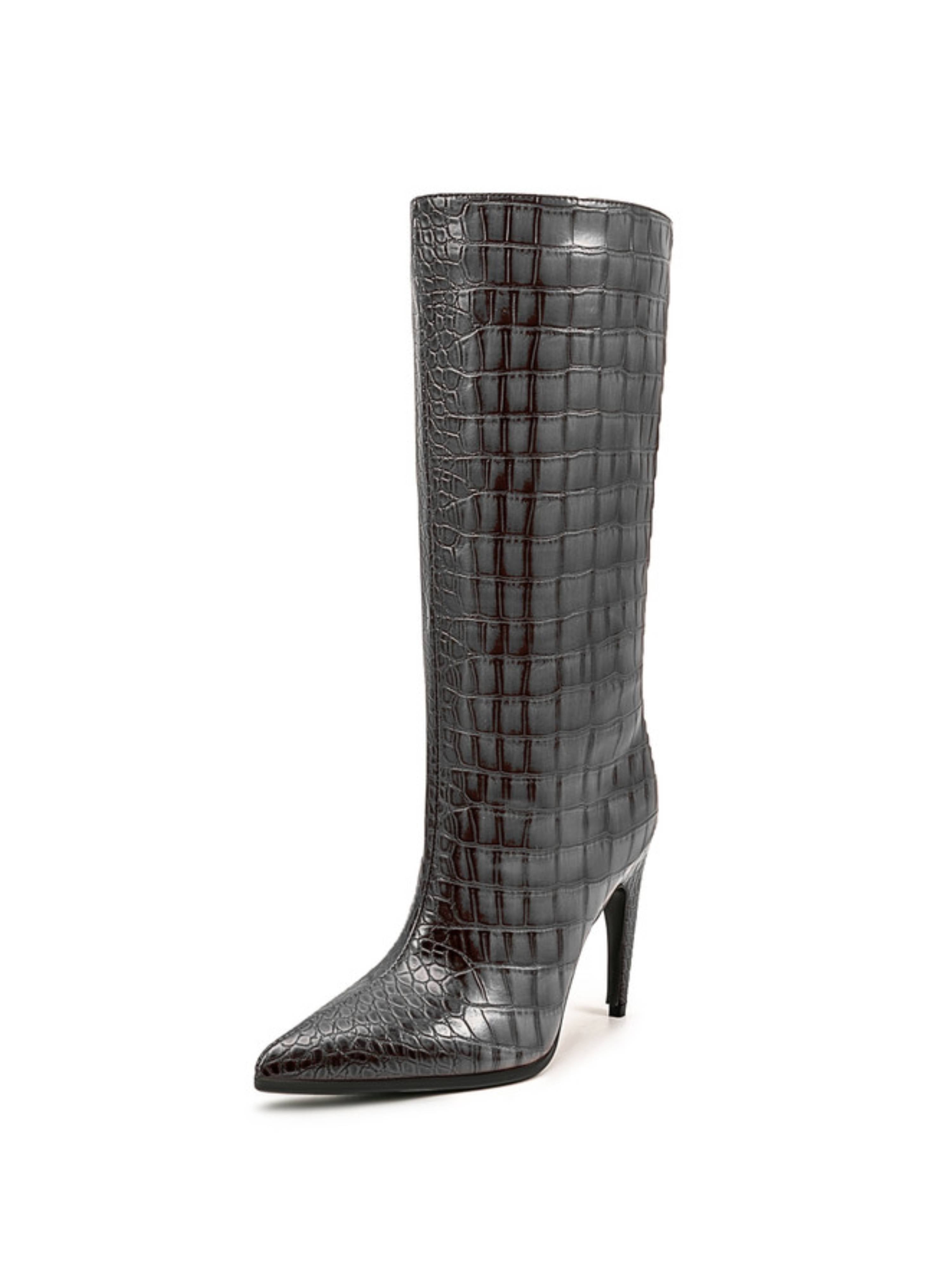 Chic Gray Croc-Embossed Mid-Calf Boots