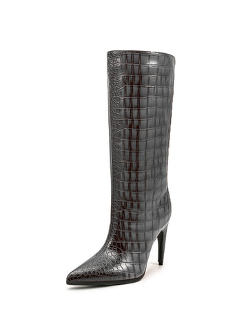 Chic Gray Croc-Embossed Mid-Calf Boots