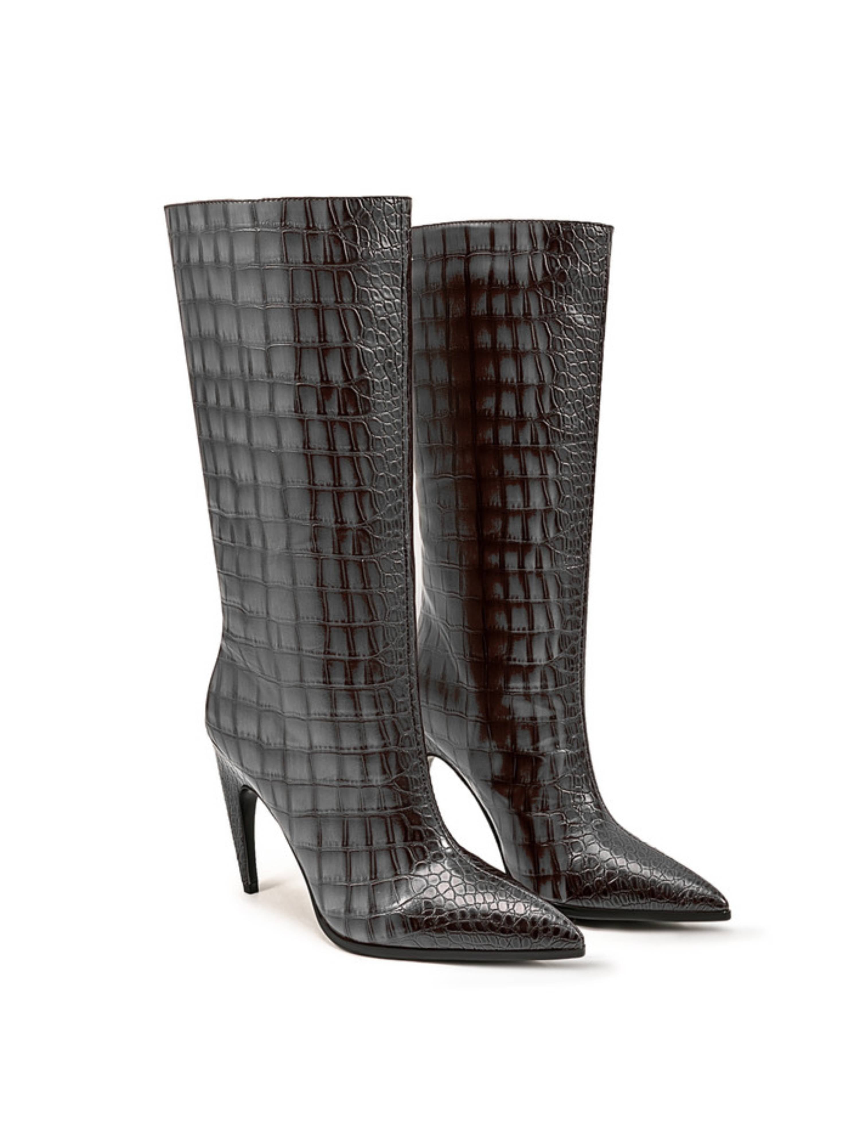 Chic Gray Croc-Embossed Mid-Calf Boots