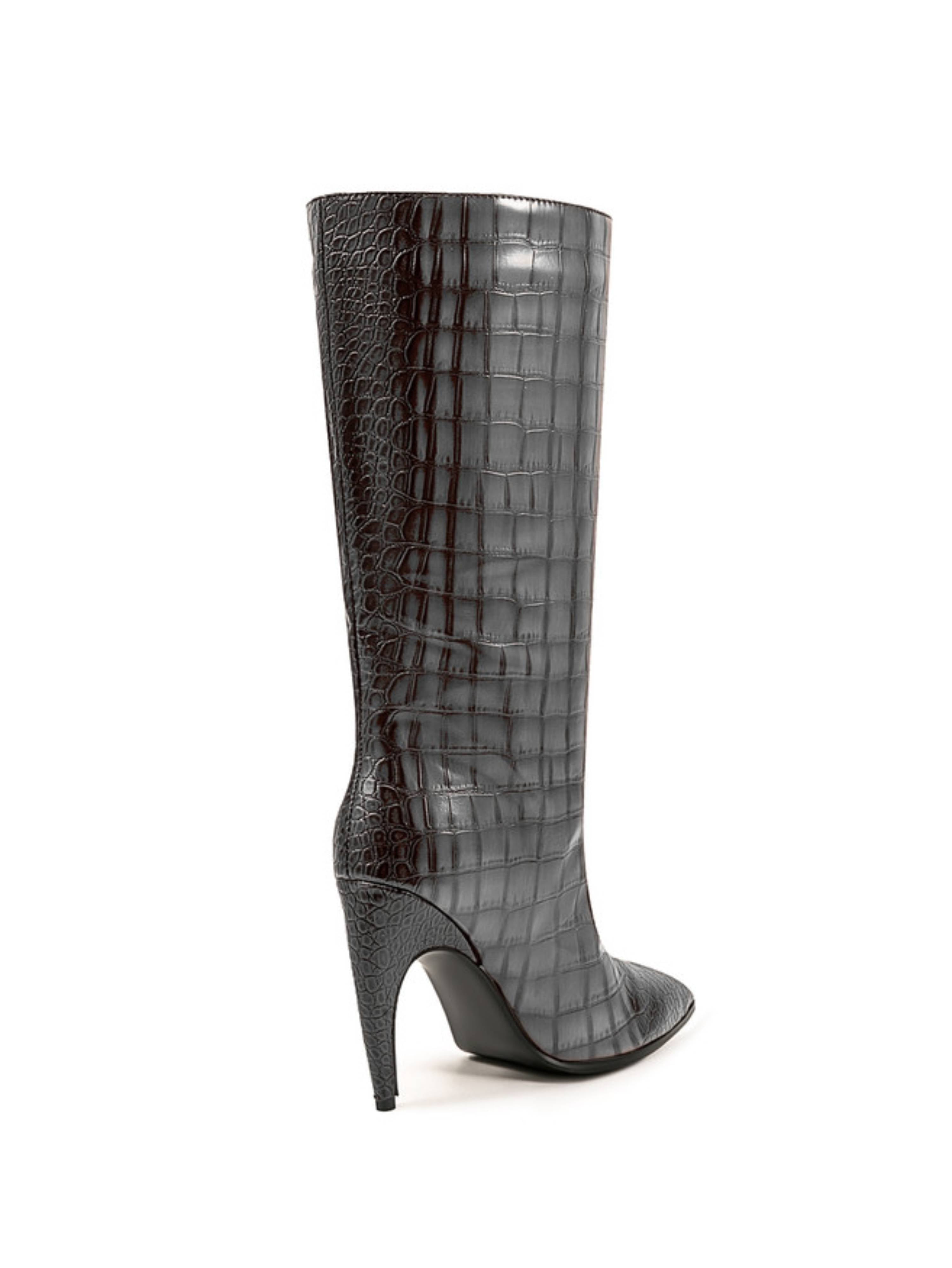 Chic Gray Croc-Embossed Mid-Calf Boots