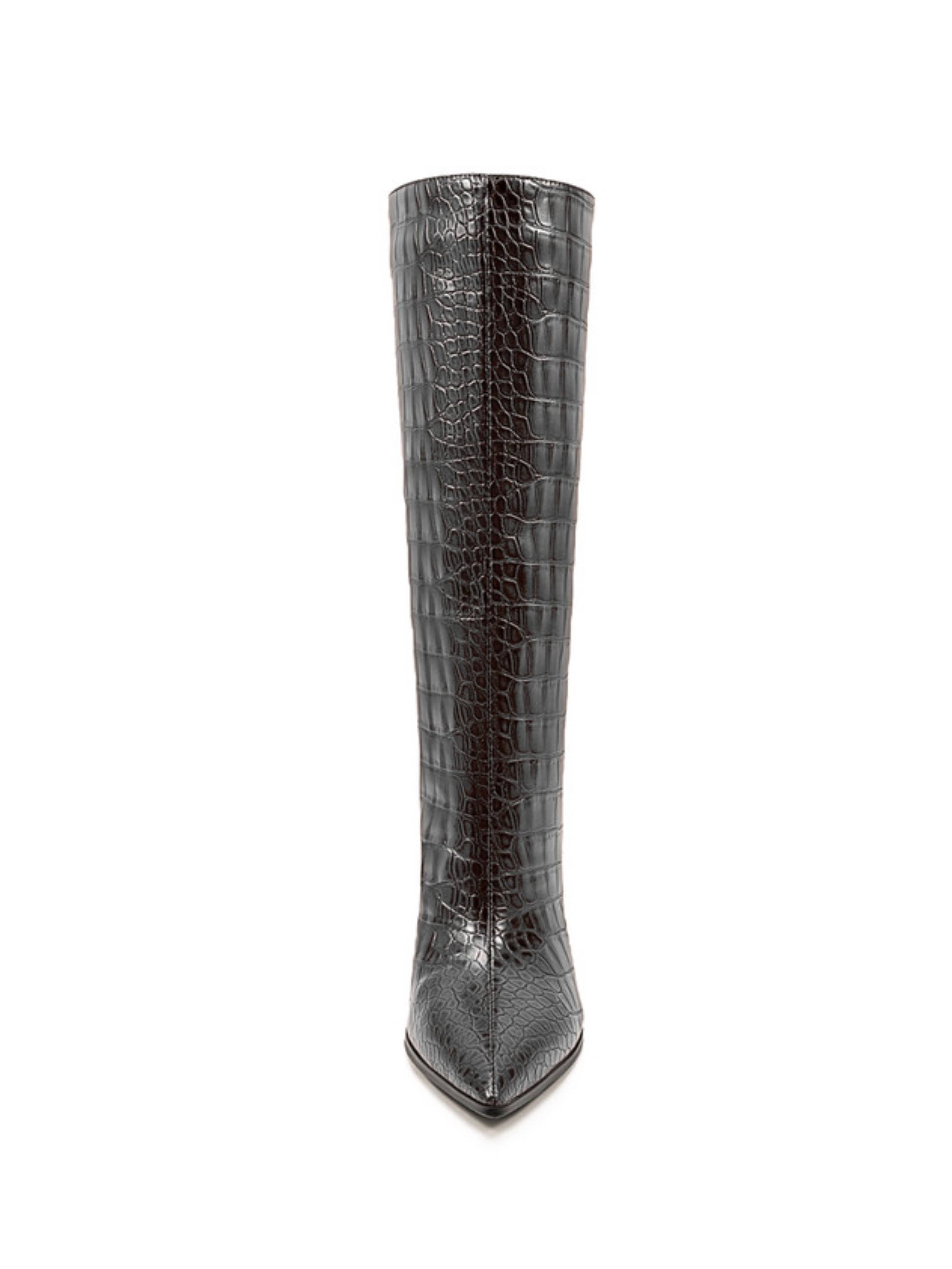 Chic Gray Croc-Embossed Mid-Calf Boots