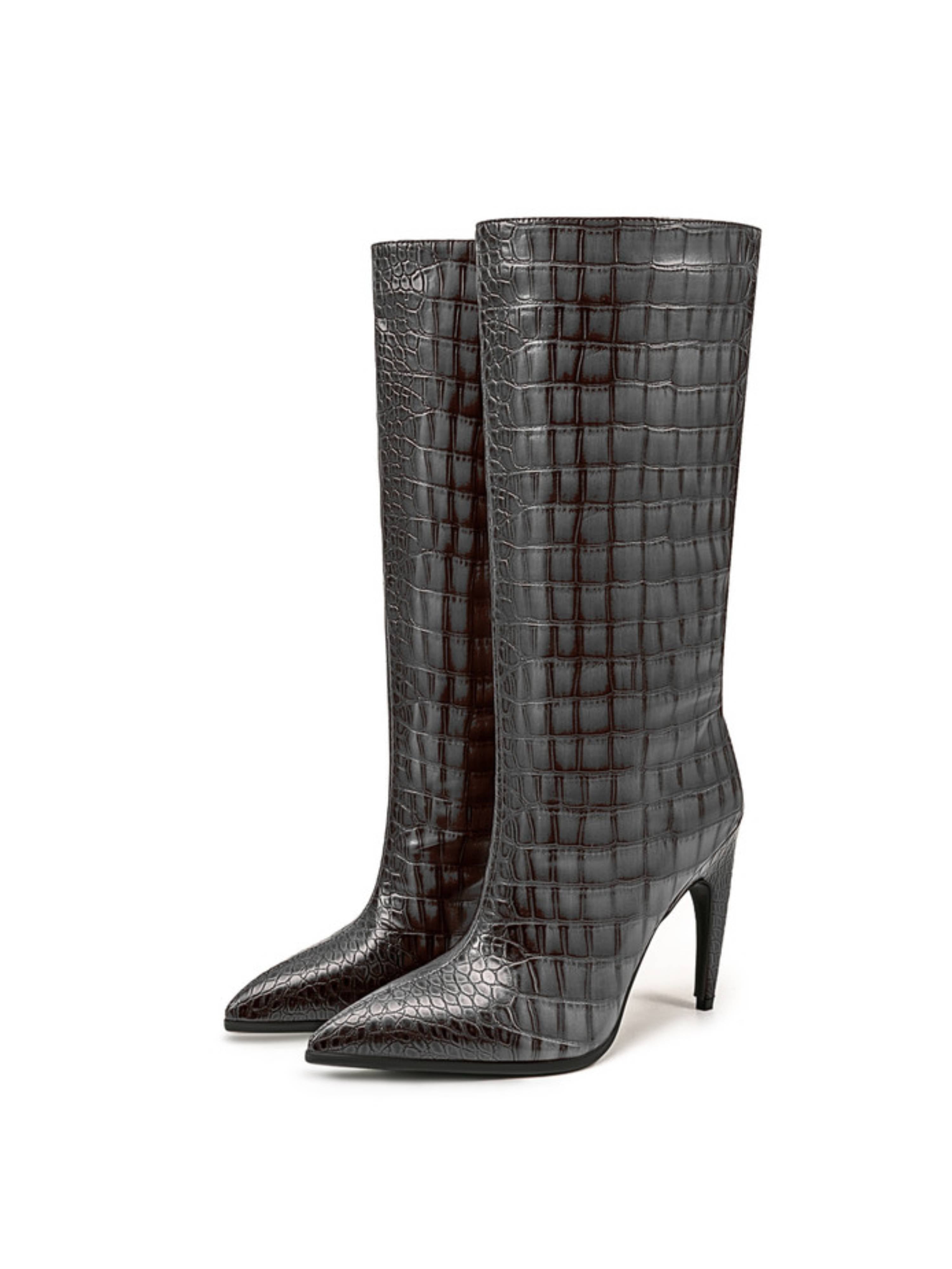 Chic Gray Croc-Embossed Mid-Calf Boots