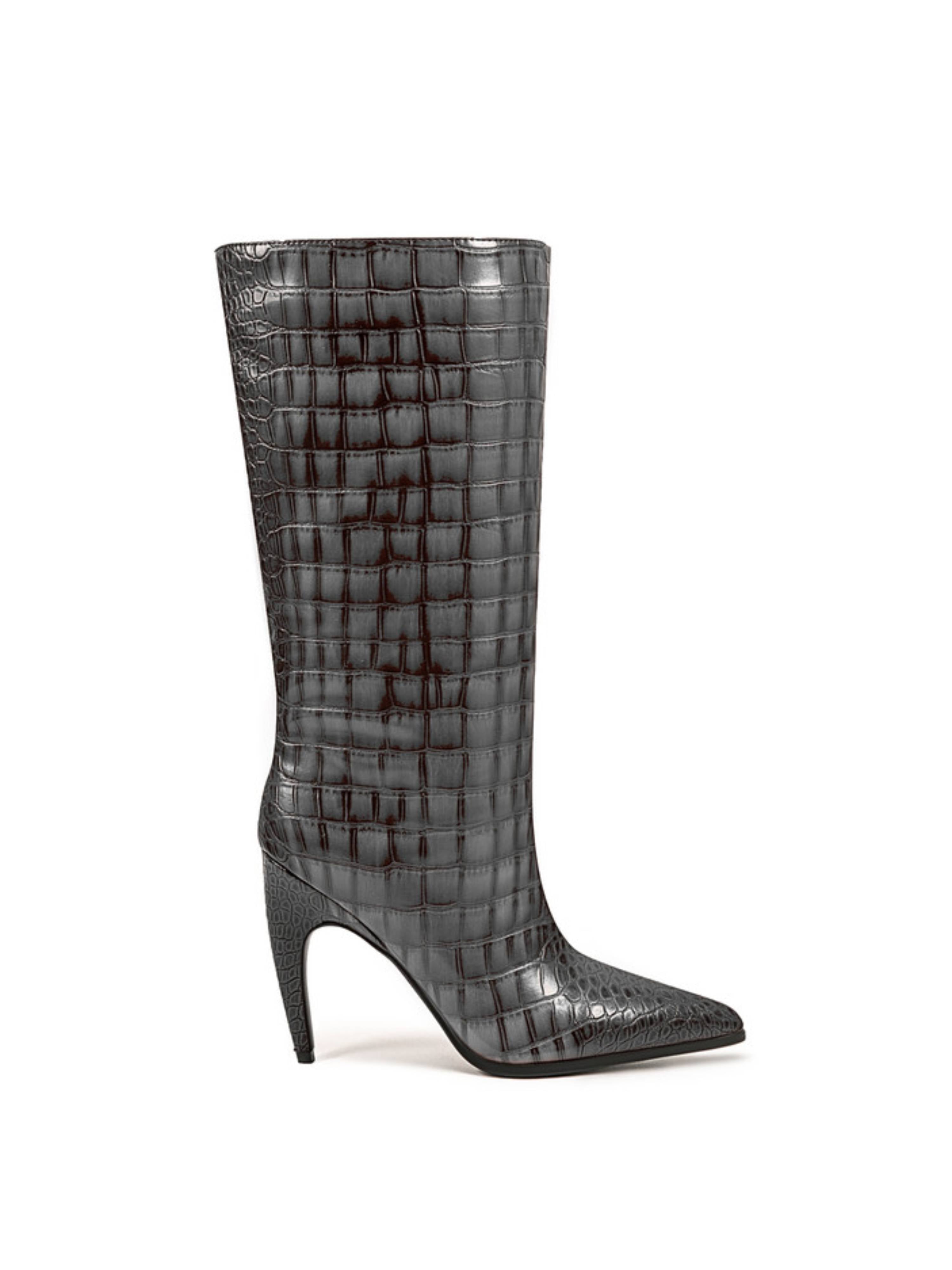 Chic Gray Croc-Embossed Mid-Calf Boots
