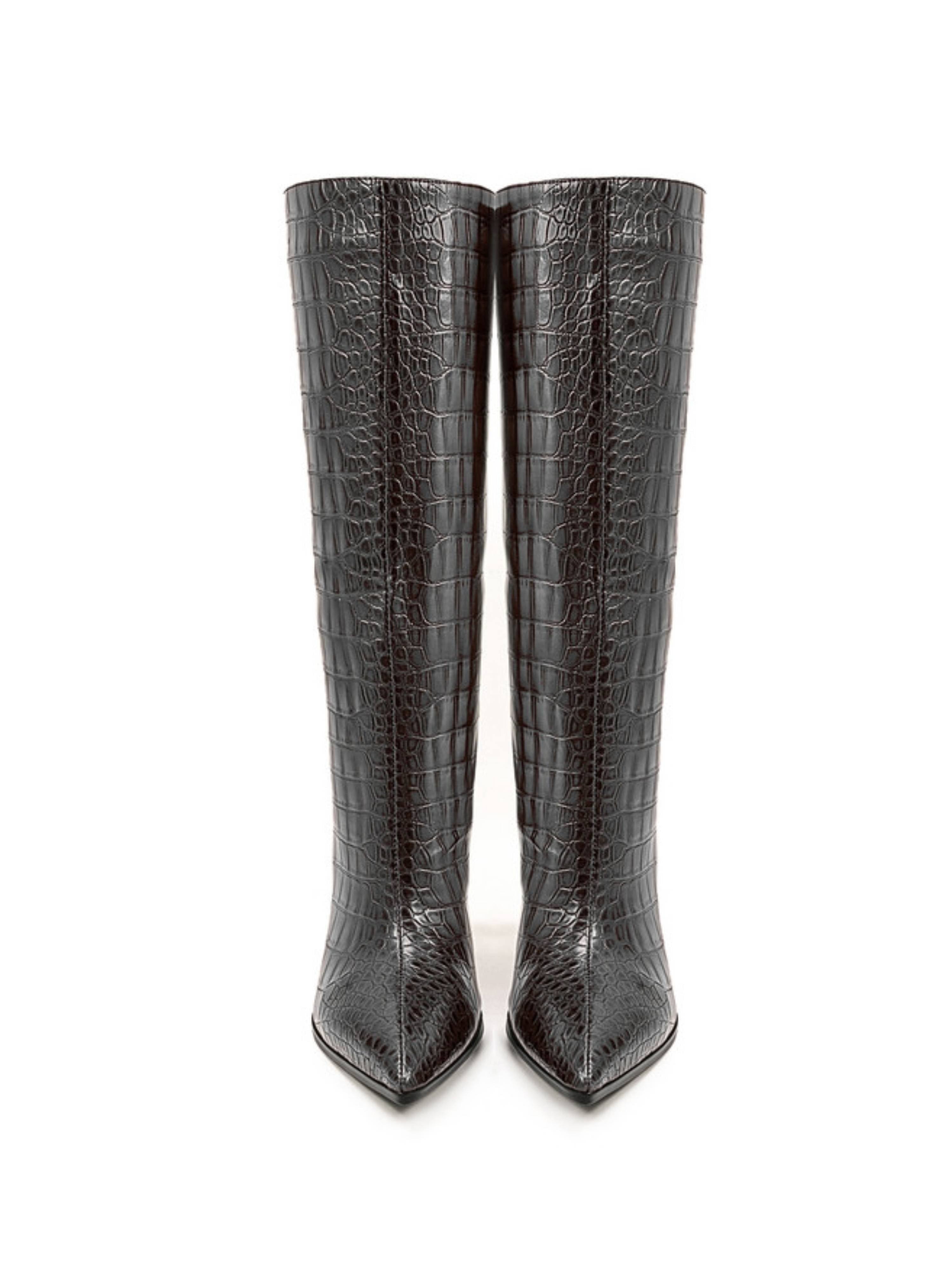 Chic Gray Croc-Embossed Mid-Calf Boots